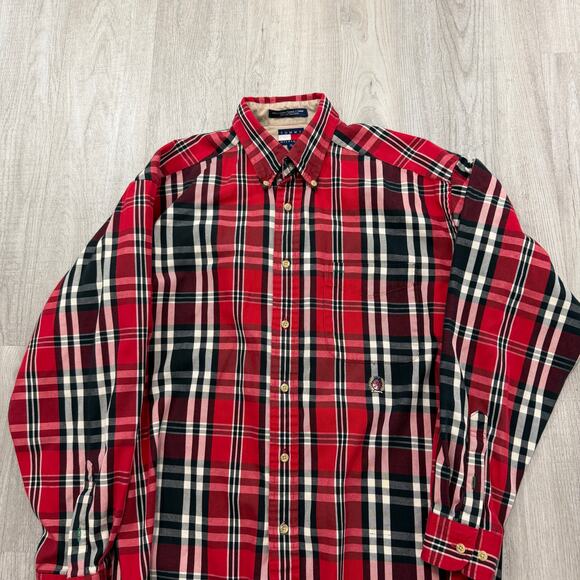 Vintage Tommy Hilfiger Button Shirt Men's Medium Red Plaid Check Flannel 90s - Picture 2 of 6